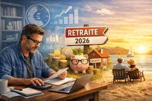 un travailleur avec un panneau retraite 2026