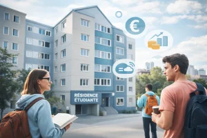 des étudiants devant une résidence étudiante