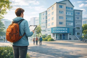 un étudiant devant une résidence étudiante