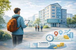 un étudiant devant une résidence étudiant